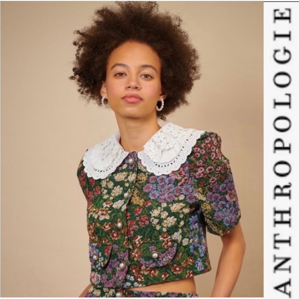 Anthropologie Sister Jane Bluebells Tapestry Lace Button Up Crop Top XS